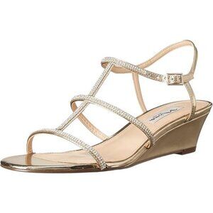 NEW Nina Women Franzea Gold Rhinestone Crystal Embellished Wedge Dress Sandals